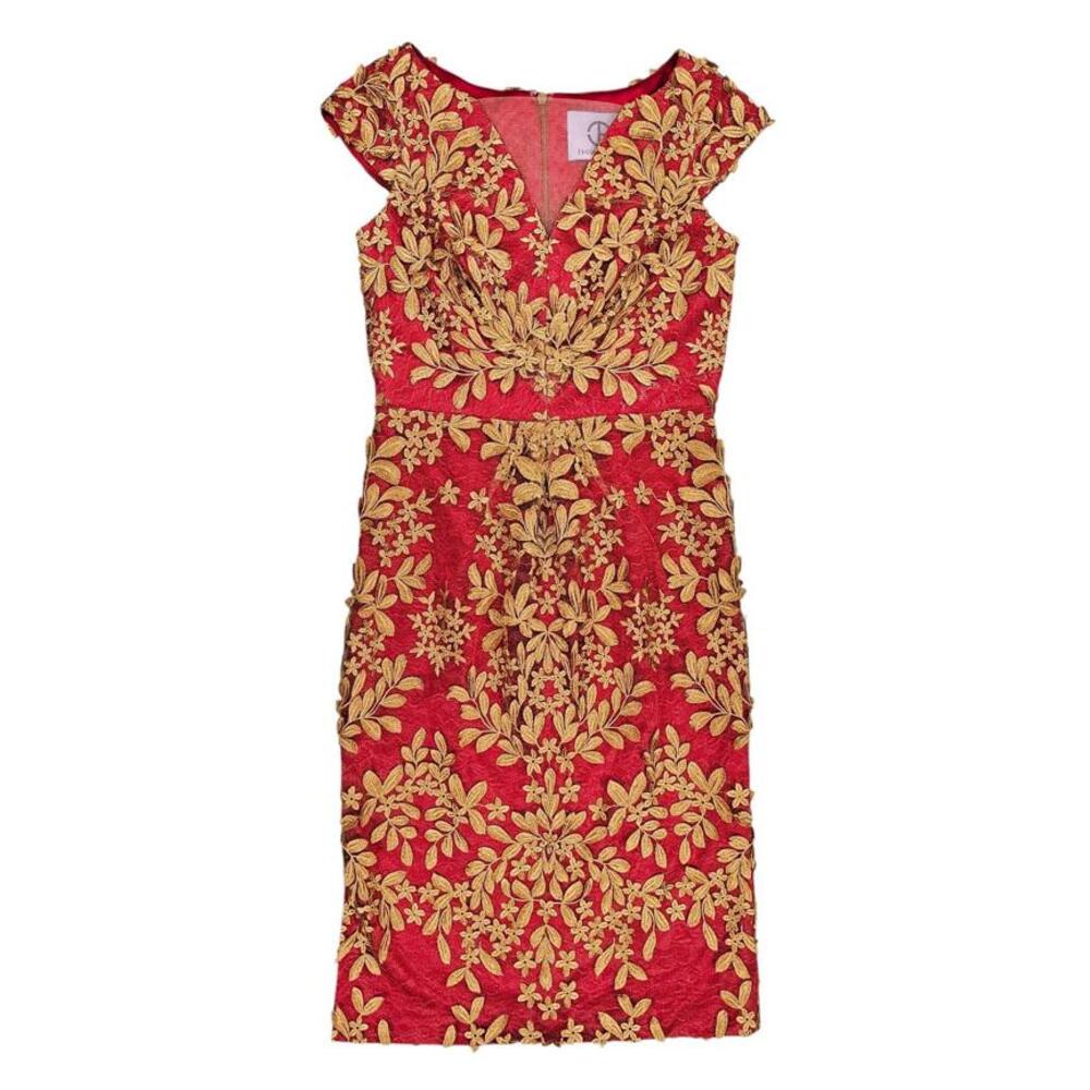 SOLD - JS Collections Red Gold Soutache Lace Sheath Dress 6 Wedding Guest Gala
